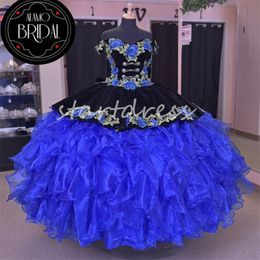 Princess Blue Black Quinceanera Dresses With Flower Charro 2024 Vestidos De Xv 16 Anos Sixteen Birthday Party Gowns Sweetheart Puffy Velvet Tiered Mexican Prom