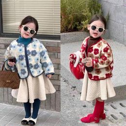 Jackets Girls Winter Plush Coat Kids Vintage Flower Baby Keep Warm Outerwear Children Thickening Cardigan Top Clothes 2-6Y