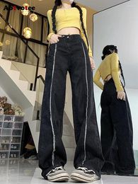 Women's Jeans Aotvotee Lace Up For Women Denim Pants Black High Waisted Vintage Straight Loose Wide Leg Fashion Casual Trouser