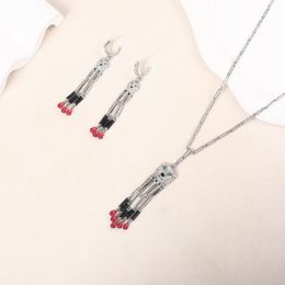 Designer Collection Fashion Style Earrings Necklace Women Lady Inlay Full Diamond Leopard Head Red Cubic Zircon Pear-shaped Tassels Pendant Jewellery Sets