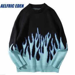 Men's Hoodies Sweatshirts 2023 Autumn Hiphop Sweater Harajuku Knitted Sweater Blue Flame Men's Loose Sweater HipHop Retro Vintage Cotton