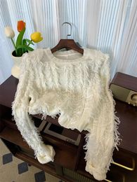 Women's Sweaters White Tassel Pullover Knitted Sweater Ladies Fashion 90s Long Sleeve Knit Korean Jumper Y2k Vintage Clothes 2023