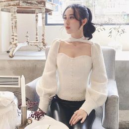 Women's Blouses Sexy Shirt 2023 Autumn Vintage Royal Backless Lantern Long Sleeve Tweed Blouse Pearls Beading Blusa Femal Tops