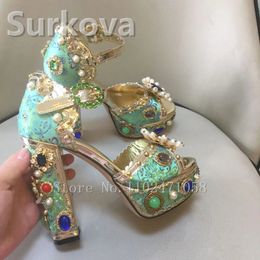 Dress Shoes Retro Baroque Hight Heels Ladies Royal Floral Jacquard Satin Sandals Pearl Gemstone Jeweled 14Cm Chunky Ankle Strap 231206