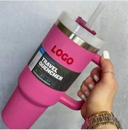 US Stock 40oz stainless steel tumblers Cups with handle lid and straws Hot Pink Car mugs powder coating outdoor vacuum insulated drinking water bottles 126