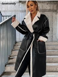 Women's Jackets Women Faux Leather Turndown Collar Belt PU Overcoat Warm Loose Long Sleeve Female Midi Jacket Cool Lady Elegant Pocket Coat 231206
