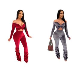 Designer Long Sleeve Velvet Jumpsuits Women Fall Winter Off Shoulder Rompers Sexy Deep V-neck Jumpsuits Casual Pleated Leggings Wholesale Clothes 10396