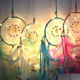 Arts And Crafts Handmade Led Light Dream Catcher Feathers Home Decoration Wall Hanging Ornament Gift Wind Drop Delivery Home Garden Ar Dh49Y