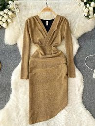 Urban Sexy Dresses Autumn Golden Shiny Fashion Club Slim Irregular Pleated Midi Dres Elegant Vneck Long Sleeve Bodycon Party Hip Wrap Dress 231206