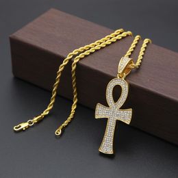 Egyptian Cross Pendant Full CZ Crystal Bling Out Gold Silver Plated Necklace Jewelry with 3mm 24inch Cuba Chain lbd304s