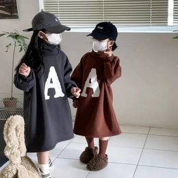 Pullover 2 12Years Girls Autumn Thick Velvet Dress Kids Turtleneck Long Sleeve Hoodies Dresses for Toddler Warm Casual Outfits 231206