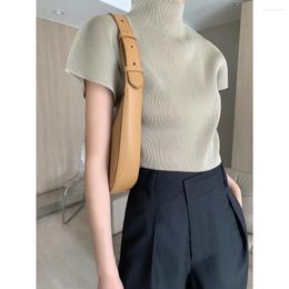 Women's T Shirts Miyake Pleated Short Sleeve Tops Turtleneck Collar Women Korean Style Thin T-shirt Casual Aesthetic Designer Clothes