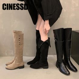 Boots Women's Winter Thigh High Boots Pointed Toe Slip on Heels Fashion Stretch Suede Leather Western Cowboy Long Boots Chunky Shoes 231205