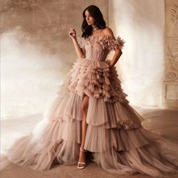 Fluffy High Low Prom Dresses Jewel Ruffles Ball Gown Maxi Dress Layered Tulle Off the Shoulder Robes De Soiree