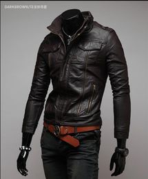 Men's Outerwear Coats Leather Autumn and Winter New Foreign Trade Shoulder Badge Pocket Multi Zipper Men's Stand up Neck Motorcycle Leather Jacket