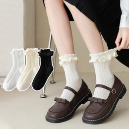 Women Socks Lolita Kawaii Cute Lacework Ruffles JK Japanese Style Sweet Girls Mesh Lace Solid Color Black White Long
