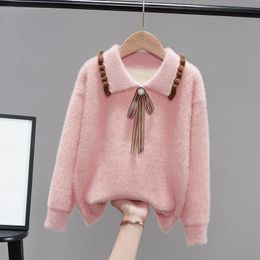 Cardigan Girl's Sweater for Autumn Winter Korean Style Solid Colour Banderole Ruffled Collar Children's Thickened Warm Fleece-Lined Tops 231206