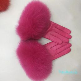 Mittens Female Real Leather Gloves With Fox Fur Cuff Women Warm Winter Genuine Ladies Casual Hand Warmer