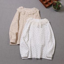 Women's Blouses Japanese Style Double Layer Lace Ruffle Collar Cotton Blouse Loose Print Long Sleeve Pullover Shirt Women