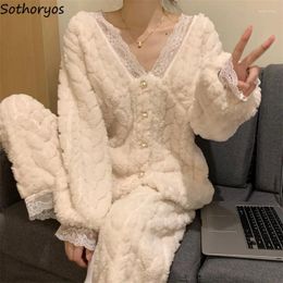 Women's Sleepwear Pyjama Sets Women Thicken Winter Soft Sweet Lace Design Graceful Ladies Coral Velvet Home Lounge Leisure Gentle