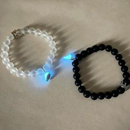 Link Bracelets 1 Pair Handmade Crown Beaded Charms Bracelet Heart Glow In The Dark Couple For Lover Men Women Fluorescent Gift