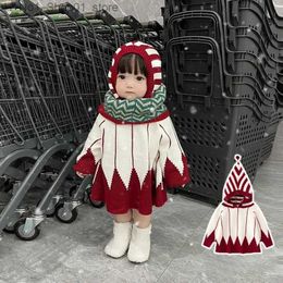 Cardigan Baby Girls Knitting Christmas Sweater Cloak Autumn Winter Long Sleeve Loose Striped Hooded Sweater Shawl Tops Girls Clothes Q231206