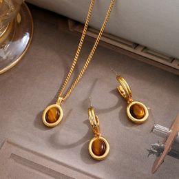 European and American Ins tagram New Maillard tiger's-eye Pendant Necklace Women's Simple Fashionable High end Retro Style Earrings Jewellery Set