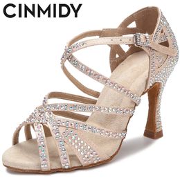 Dance Shoes CINMIDY Women Latin Dance Shoes Rhinestones Soft Bottom Salsa Shoes For Dancing Ladies Sandals Women's Wedding Hight Heels 7.5CM 231205