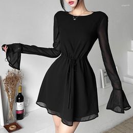 Casual Dresses 2023 Fashion Style Cross-Border Summer Women's Clothing Solid Colour Slim Fit High Waist Round Neck Long Sleeve Backless Dress