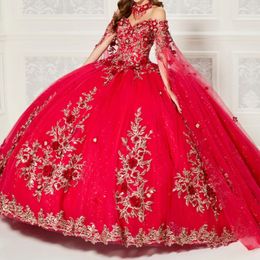 Red Shiny Quinceanera Dresses Applique Lace With Cape Tulle Ball Gown Corset Back Sweet 15 Prom Party Gowns Sweet 16 Pageant Gowns
