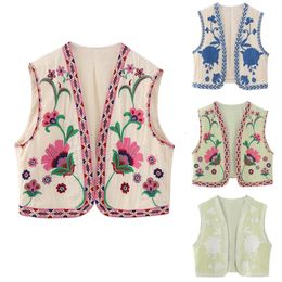 Womens Vests Vintage Women Floral Embroidery Vest Jackets Summer National Style Open WaistCoat Casual Patchwork V Neck Ladies Short Tops 231206