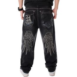 Womens Jeans Street Dance Wide Legs Baggy Men Fashion Embroidery Black Loose Board Denim Pants Male Rap Hip Hop Plus Size 3046 231206
