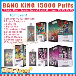 Authentic Bang King 15000 Puff Disposable E Cigarettes 25ml Pod Battery Rechargeable Puffs 15K 0% 2% 3% 5% RBG Light Vape Pen