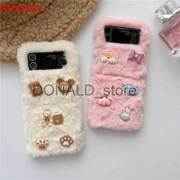 Cell Phone Cases 3D Bears Phone Case For Samsung Z Flip 3 4 5 5G Case Z Flip3 zflip3 Fluffy Plush Fur Hard Back Cover Case for Galaxy z flip 1 2 J231206