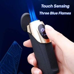 Jobon Direct Injection Three Flame Blue Lighter Charging No Gas Mixed Touch Sensing Electric Quantity Display Tools