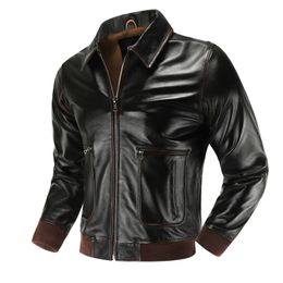 Men's Leather Faux Leather Mens Top layer Genuine Leather Jacket Military Pilot Jackets Air Force A2 Lapel Retro Rub Colour Tooling Short Large Coat 231205