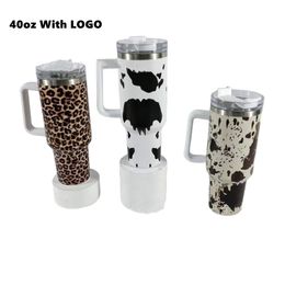 With Logo 40oz Stainless Steel Tumblers Cups With Lids And Straw Cheetah Animal Cow Print Leopard Heat Preservation Travel Car Mugs Large Capacity Water Bottles 1206