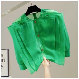 Women's Blouses Fashion Women's Shoulder Pads Design Pleated Organza Shirts Top Summer Metal Button Decoration Round Neck Chiffon Short