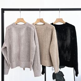 2024 Black/Khaki/Light Grey Pullovers Designer O Neck Long Sleeves Hollow Out Women Sweaters Wool Cashmere Milan Runway Sweaters Womens 120809