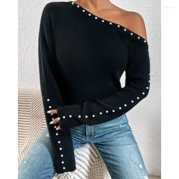 Women's T Shirts 2023 Autumn Winter Clothing Solid Colour Pearl Oblique Shoulder Tops Casual And Comfortable Fashion