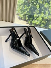 2024 Women dress pumps Lee embellished patent-leather slingback pump black calf leather ladys high heels pointed toe sling back thin heeled with box 35-42