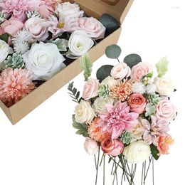 Decorative Flowers Pink Rose Artificial Silk Heads 21 PCS Dahlia DIY Wedding Home Valentine's Day Decor Bridal Bouquet Fake