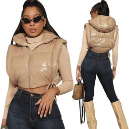 Women's Vests Leosd Sexy Side Slit Hooded Puff Jacket Women Bandage Zipper Up Crop Tops Winter Autumn Casual Solid Clothes Streetwear 231205