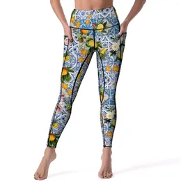 Women's Leggings Yellow Lemon Sexy Tiles With Flowers Workout Gym Yoga Pants Push Up Stretch Sports Tights Women Retro Custom Leggins