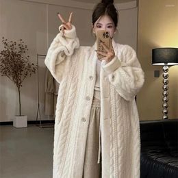 Women's Fur 2023Winter Light Khaki Embossing Twist Pattern Faux Mink Coat Chic Women Full Sleeve Loose Warm Long Jacket Outercoat Ladies