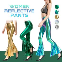 Women's Two Piece Pants Pantalon evase Laser brillant pour femmes vetement metallique moulant a volants extensible retro 70s Disco scene Club cloche 231206