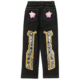 Men's Jeans Letter Stars Graffiti Print Wide Leg Blue and Black Jeans Pants for Men and Women Straight Retro Casual Oversized Denim Trousers 231206