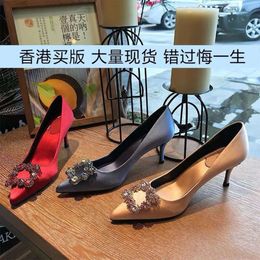 Designer Shoes Water Diamond Square Button High Heels Red Pointed Thin Wedding Silk Xiuhe Bridal Single Girl