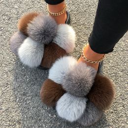Sandals Real Raccoon Fur Slippers Pom Slides Fluffy Flip Flops Plush Ball Flat Summer Women House Shoes 231206