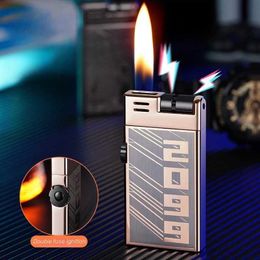 New Metal Inflatable Butane No Gas Lighter Outdoor Portable Windproof Double Flame Roller Igniter Men's Gift